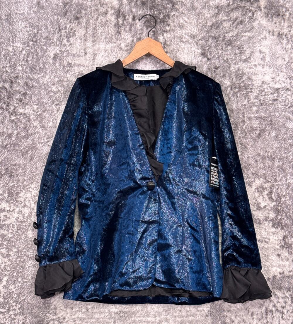 New Martin Martin Paris Jacket 42 / US 10 Womens Maximalist Velour Blue Ruffle